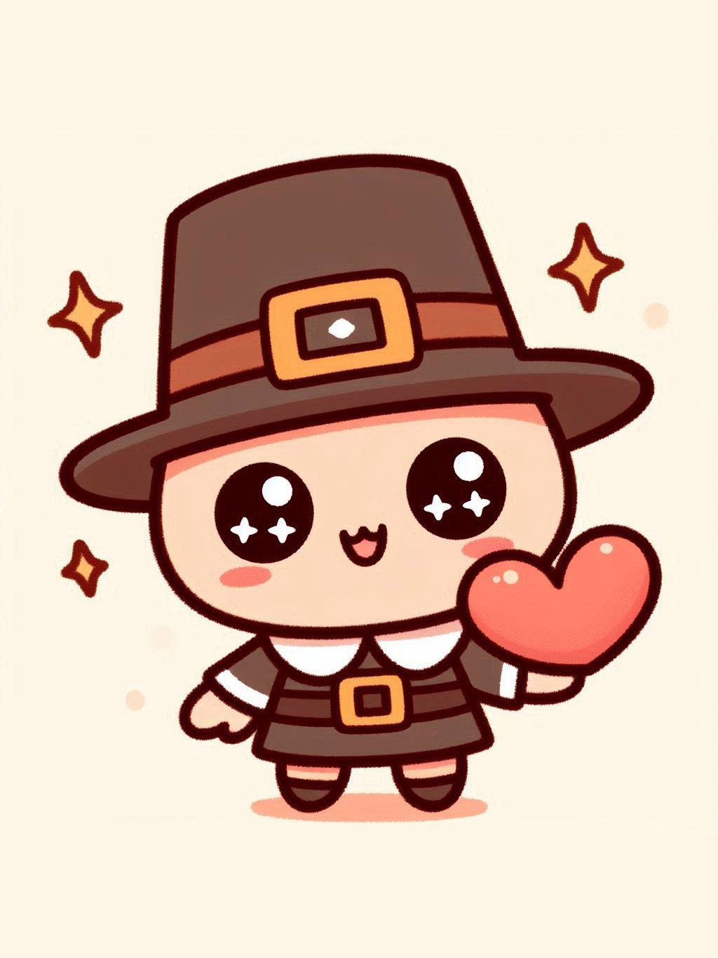thanksgiving love drawing ideas featuring a happy pilgrim character holding a heart with sparkling eyes and a wide smile, wearing a traditional pilgrim hat and outfit surrounded by small glowing stars.
